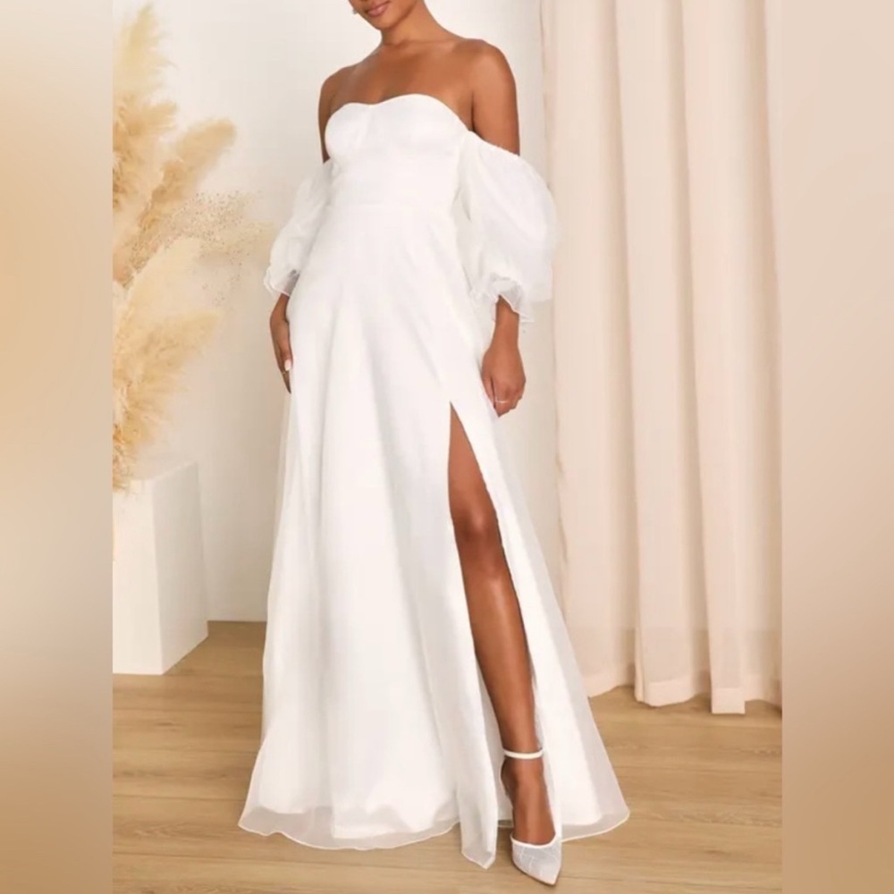 Lulu's White Strapless Off-Shoulder Puff Sleeve Maxi Dress